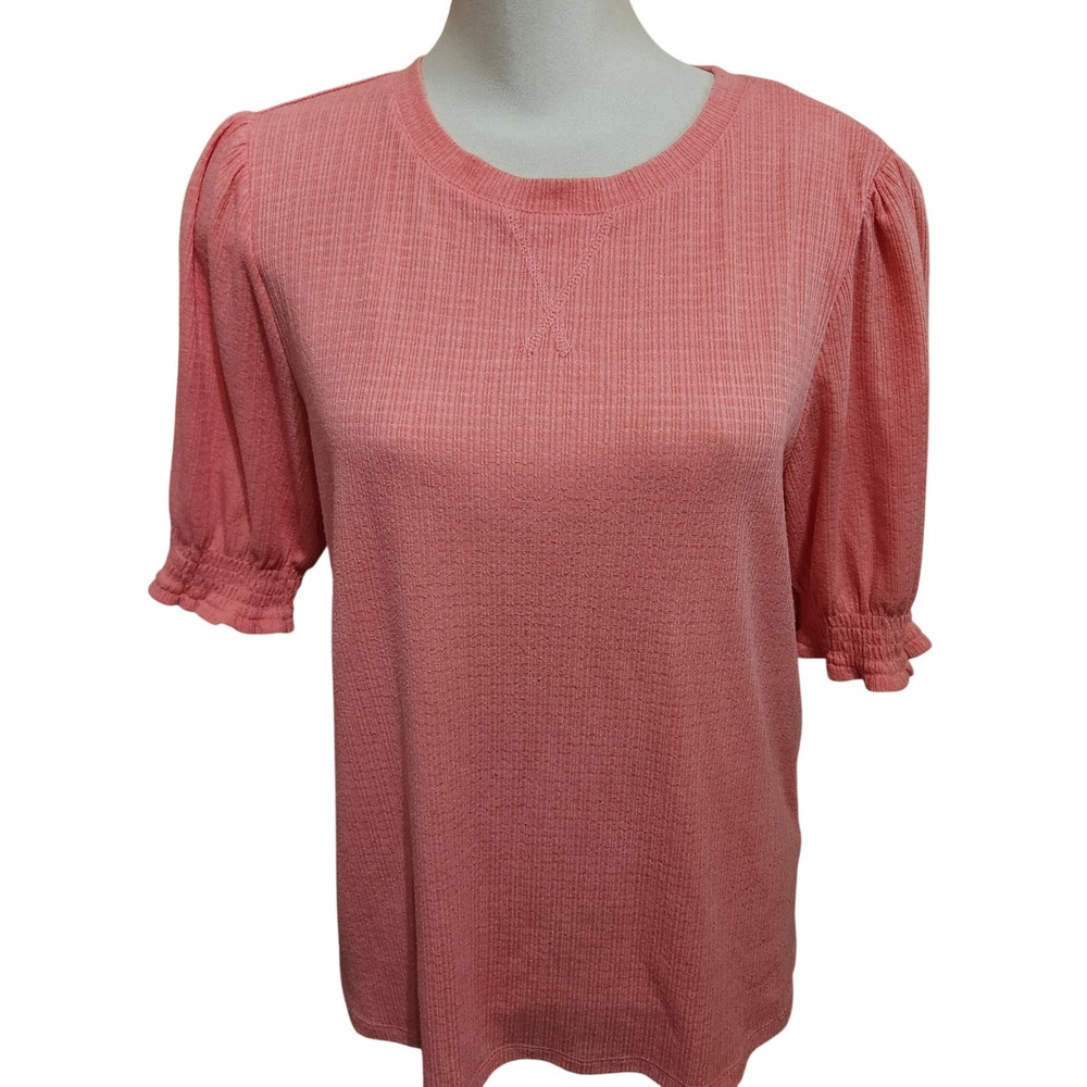 Greige Coral Pink Rib Knit Puff Sleeve Top Crew Neck Smocked Cuffs Size‎ Large